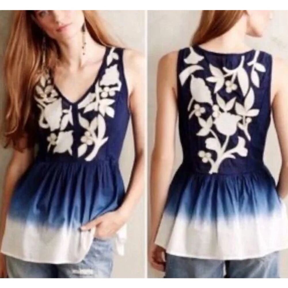 Anthropologie Floreat Embellished Embroidery Pure Cotton Ombre Floral Tank Top